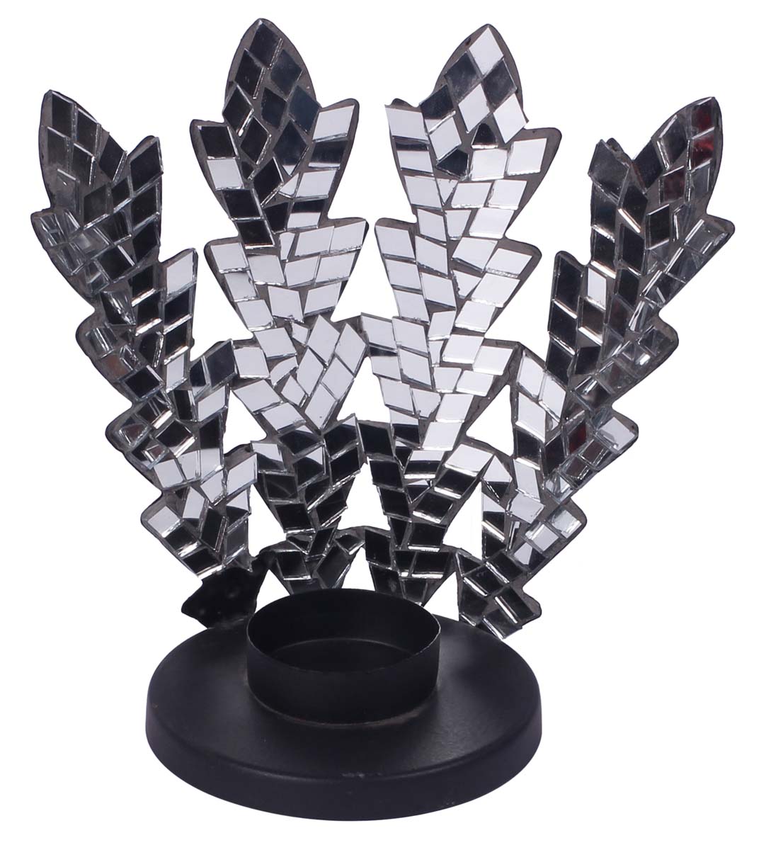 6” Crown Tea-Light Holder in Iron with Mirror-Work - Black - Mosaic Art Decor from India - Buy in Bulk Wholesale